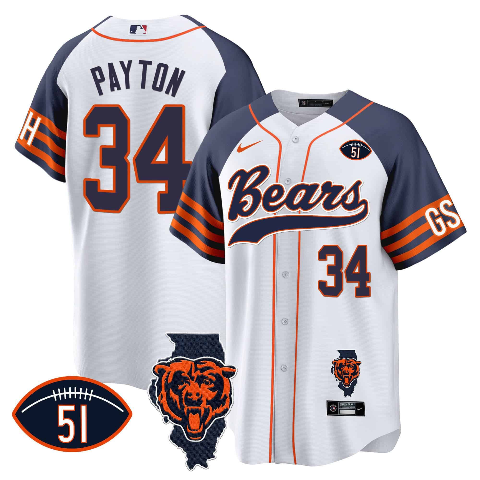 Men Chicago Bears 34 Payton White 2024 Nike Patch Baseball NFL Jersey style 2